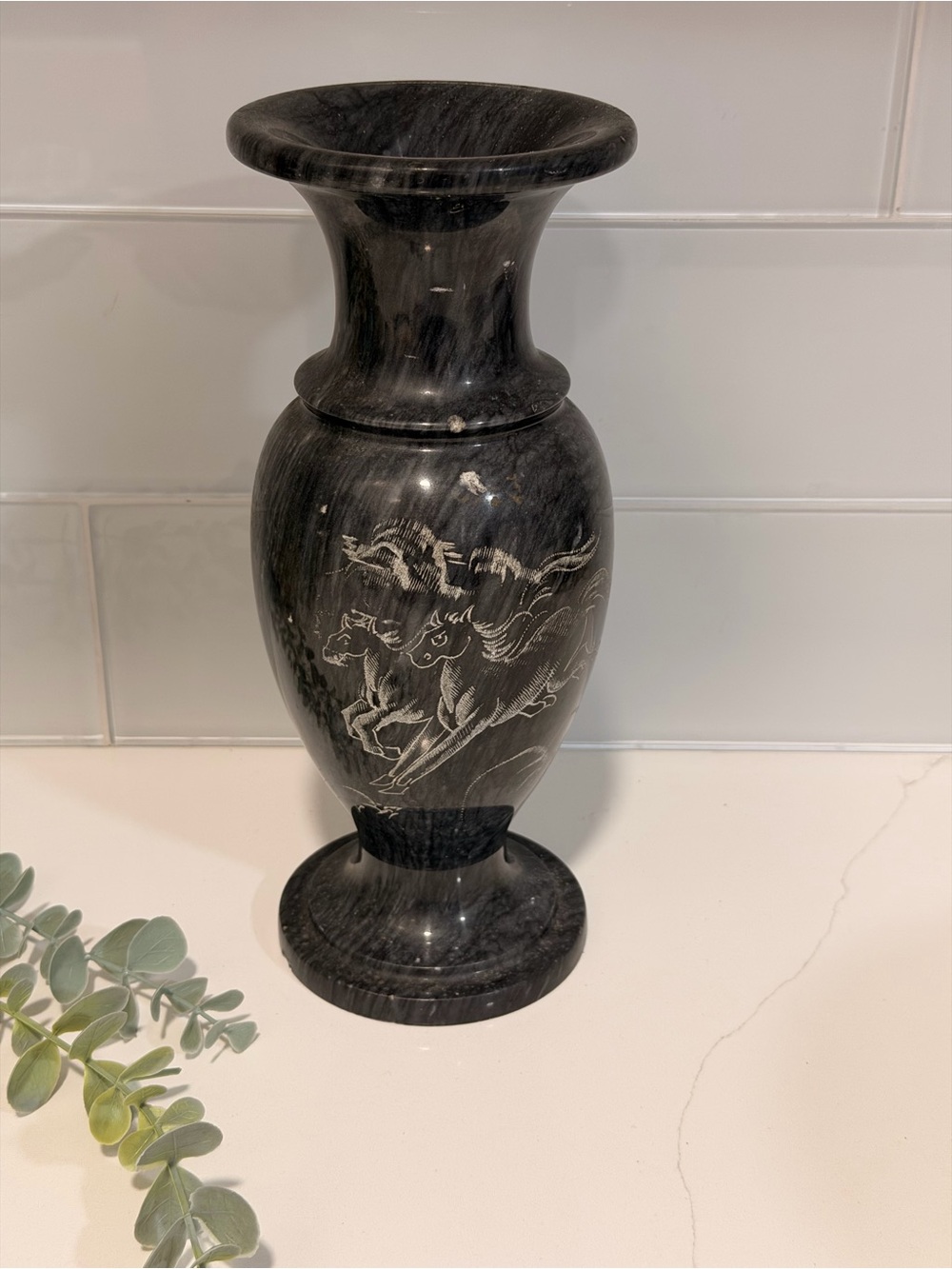 Vintage Black Marble Vase Hand Carved etched design of running horses 10" Tall